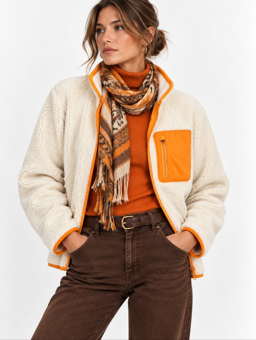 Tory Sport Jacket Sherpa Fleece White And Orange By Tory Burch
